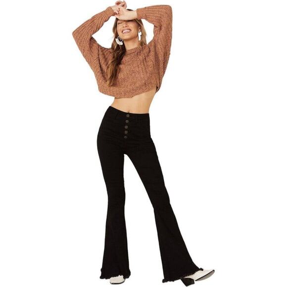 Free People On Your Side Pullover Sweater Small Cable Knit Brown Boxy Cropped - Picture 1 of 16